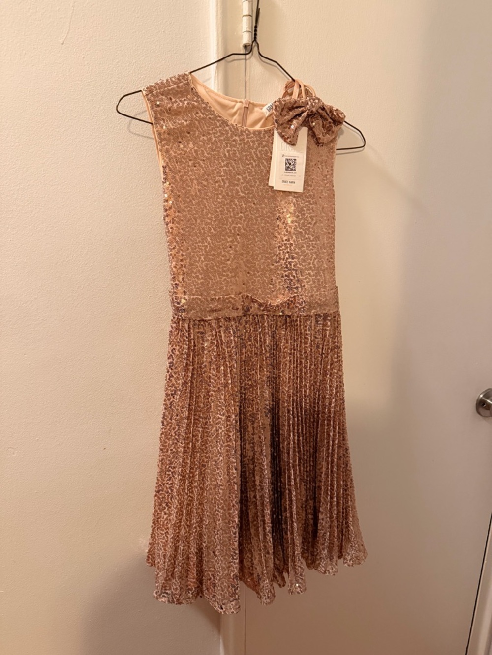 Grace Karin Rose Gold Sequin Pleated Formal Girl's Dress with Bow